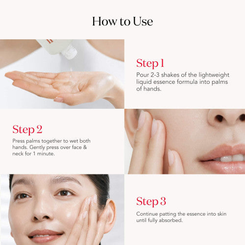 Step-by-step guide on how to use a skincare product with close-up images of hands and face.
