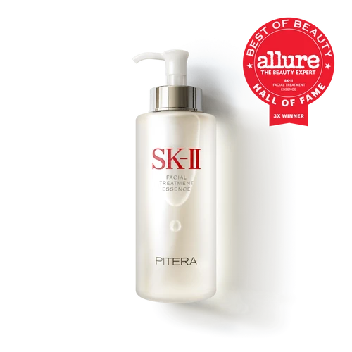SK-II facial treatment essence bottle with Allure Hall of Fame award on a white background