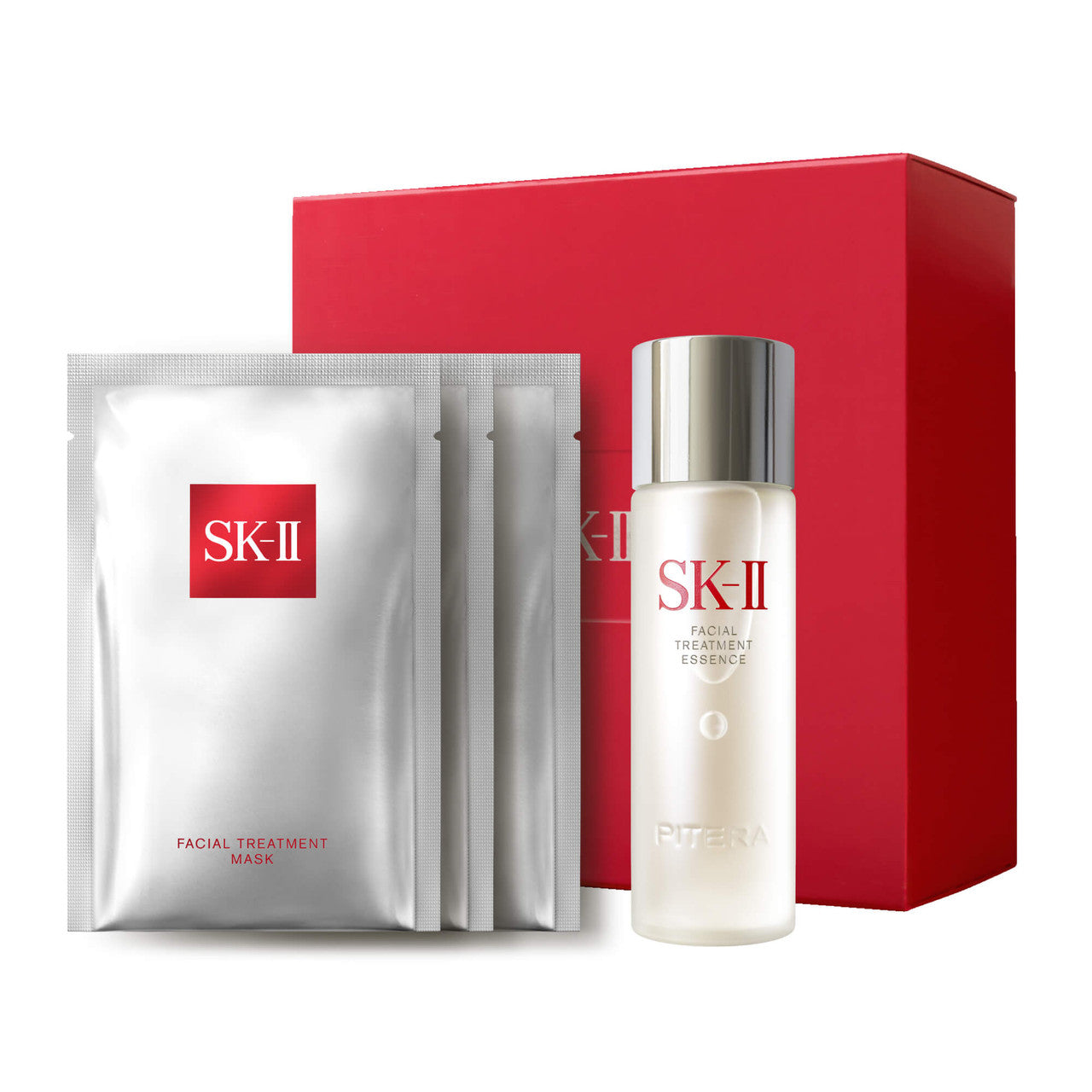 SK-II Glow Up Duo set with Facial Treatment Essence bottle, mask sachets, and red gift box
