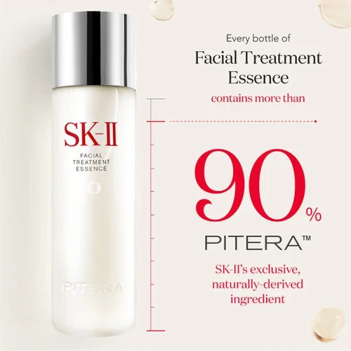 Infographic showing Facial Treatment Essence bottle and SKINPOWER cream jar as part of a skincare routine on a light background
