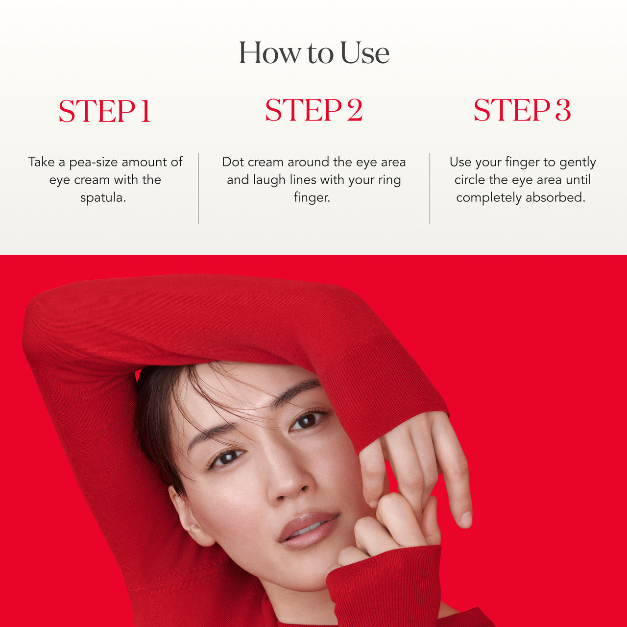 Three-step application of SK-II SKINPOWER Eye and Line Filler Cream showing product applied around eye area and gently blended into skin