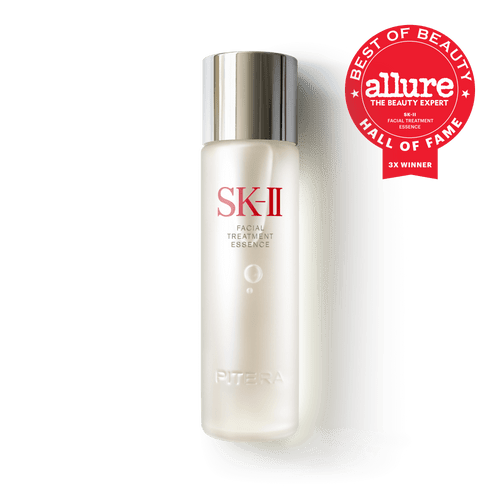 SK-II facial treatment essence bottle with Allure Best of Beauty Hall of Fame award on a white background