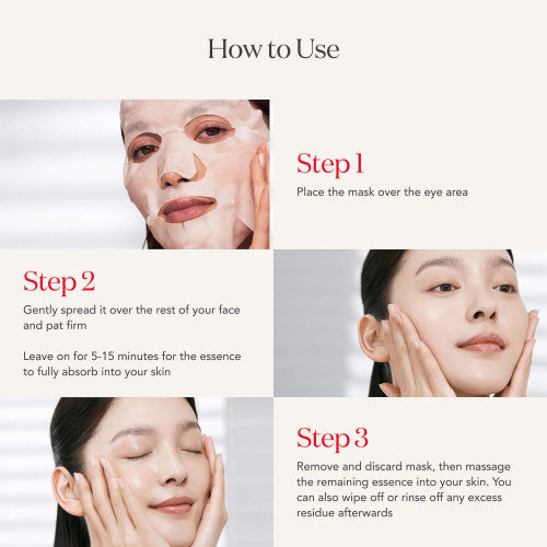 Instructions on how to use a facial mask with step-by-step guidance and images of a woman applying the mask.