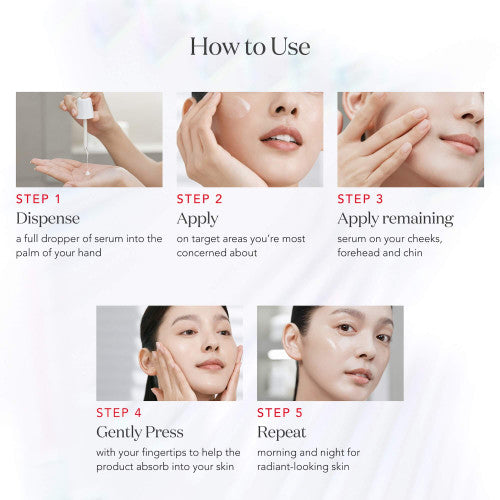 Five-step application of serum showing liquid dispensed into palm, applied to face, and gently pressed into skin across multiple close-up images