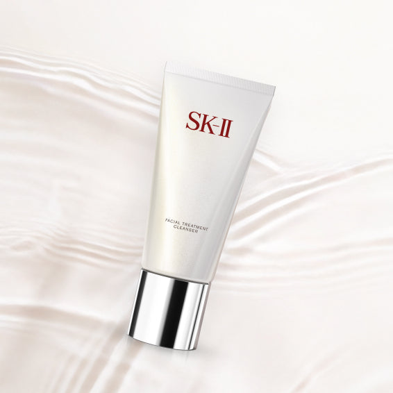 SK-II facial treatment cleanser tube on a soft, light background