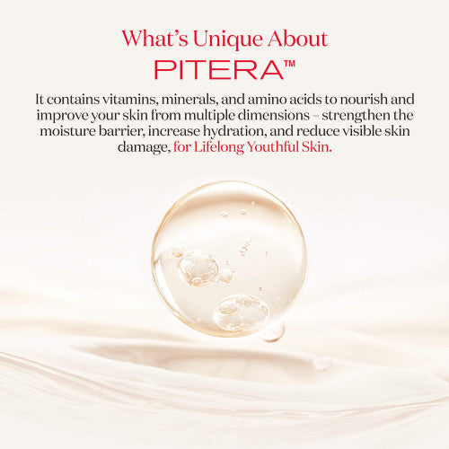 Pitera skincare product with a droplet and text about its benefits on a white background