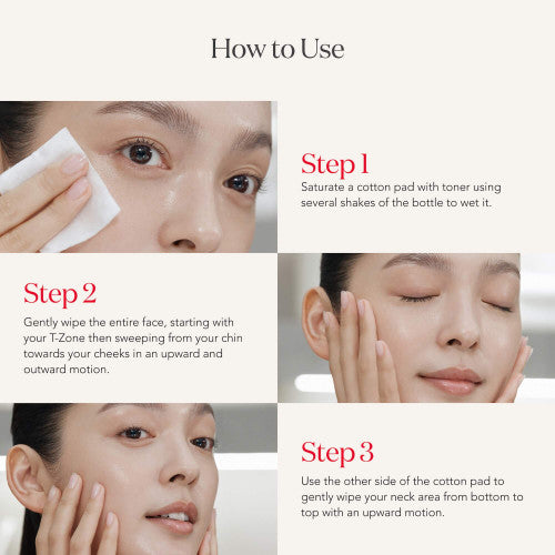Instructions on how to use a cotton pad with toner, shown in a collage format.