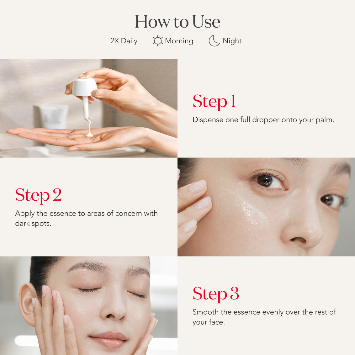 Application steps showing dropper use and facial application of SK‑II GenOptics Advanced Spot Essence.