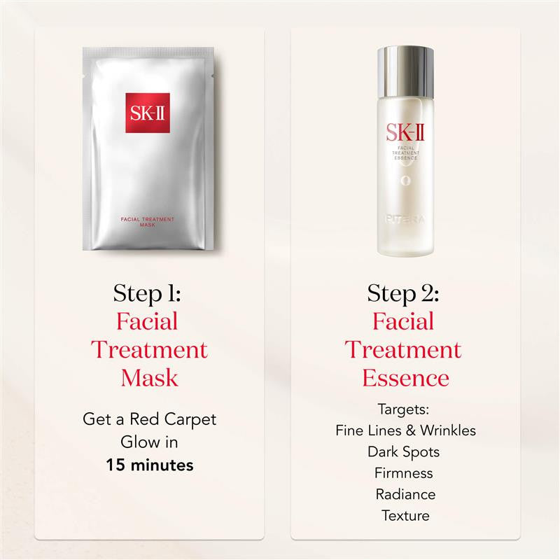 SK-II Glow Up Duo steps: Step 1 Facial Treatment Mask, Step 2 Facial Treatment Essence with skin benefits