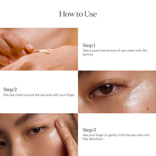 Application steps of SK-II LXP Ultimate Revival Eye Cream showing cream taken with spatula, dotted around eye area, and blended into skin