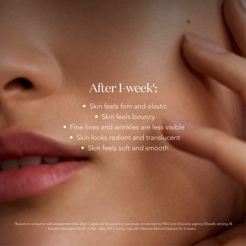 Close-up of SK-II LXP Ultimate Revival Essence with glossy liquid layer spread across cheek and fingers