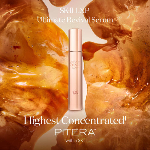SK-II LXP Ultimate Revival Serum bottle with a dynamic orange and brown background