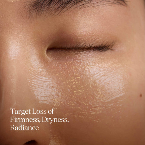 Close-up of a person's eye with skincare product application, text indicating treatment for loss of firmness, dryness, radiance.