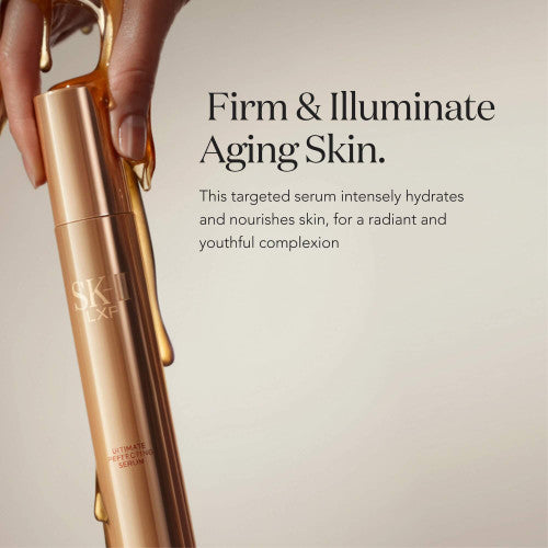 SK-II serum bottle with text on a beige background