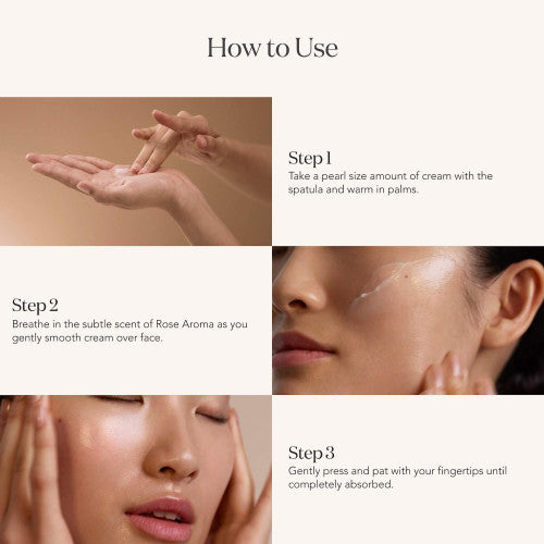 Step-by-step application of SK-II LXP Ultimate Revival Cream showing cream placed on hand, applied to face, and blended into skin