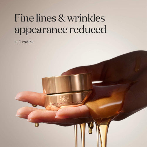 SK-II LXP Ultimate Revival Eye Cream jar placed on hand with thick amber liquid dripping over fingers
