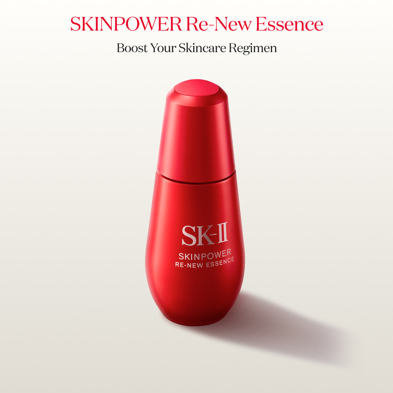 SK-II SKINPOWER Re-New Essence bottle displayed on a light background with large text above
