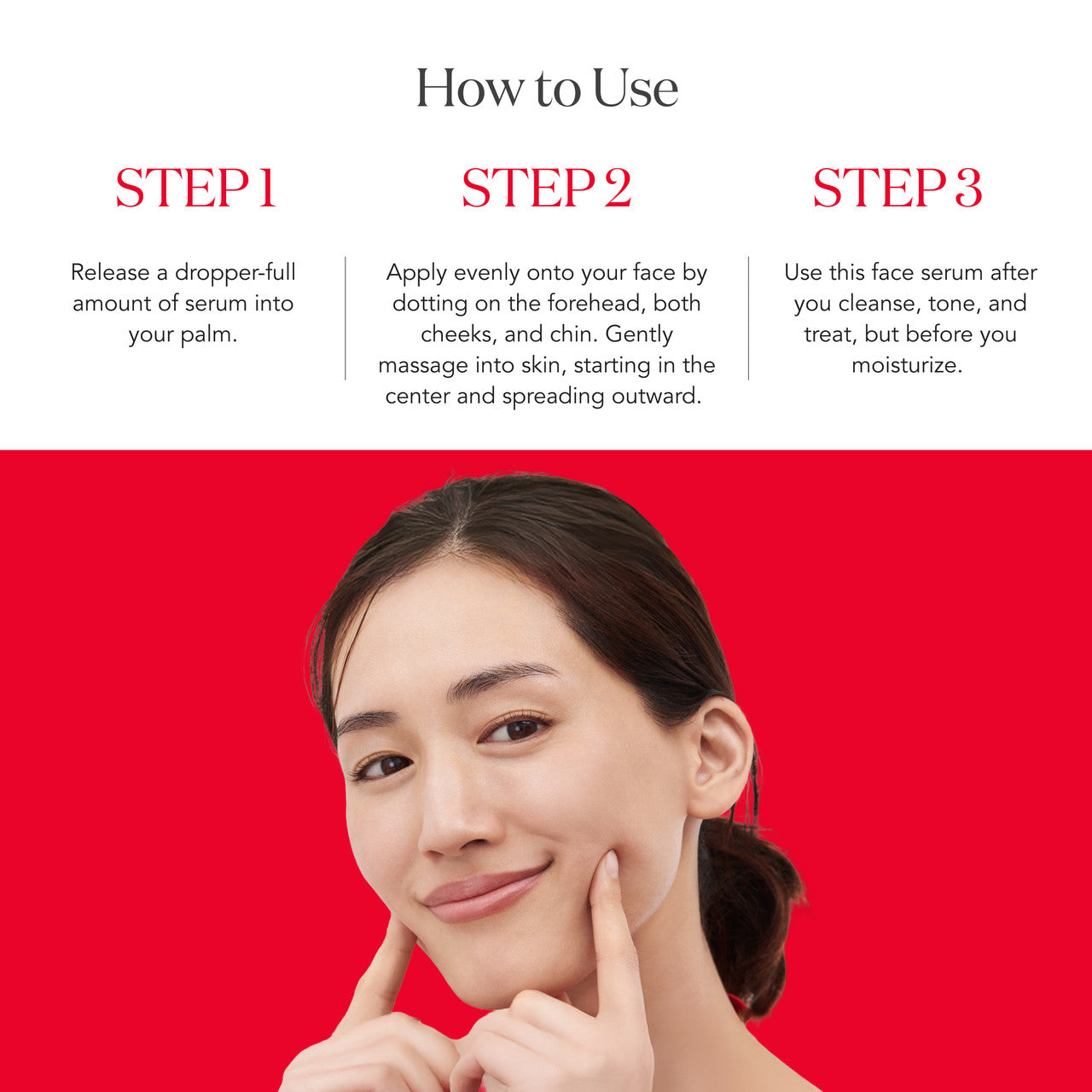 Three-step application of SK-II SKINPOWER Re-New Essence showing liquid applied to face and gently spread across skin