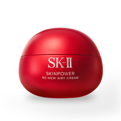 SK-II SKINPOWER Re-New Airy Cream jar in red packaging placed on a light background with a soft shadow