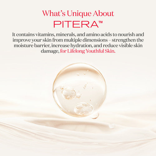 Close-up of a translucent liquid bubble in fluid with text describing PITERA ingredients and skincare benefits