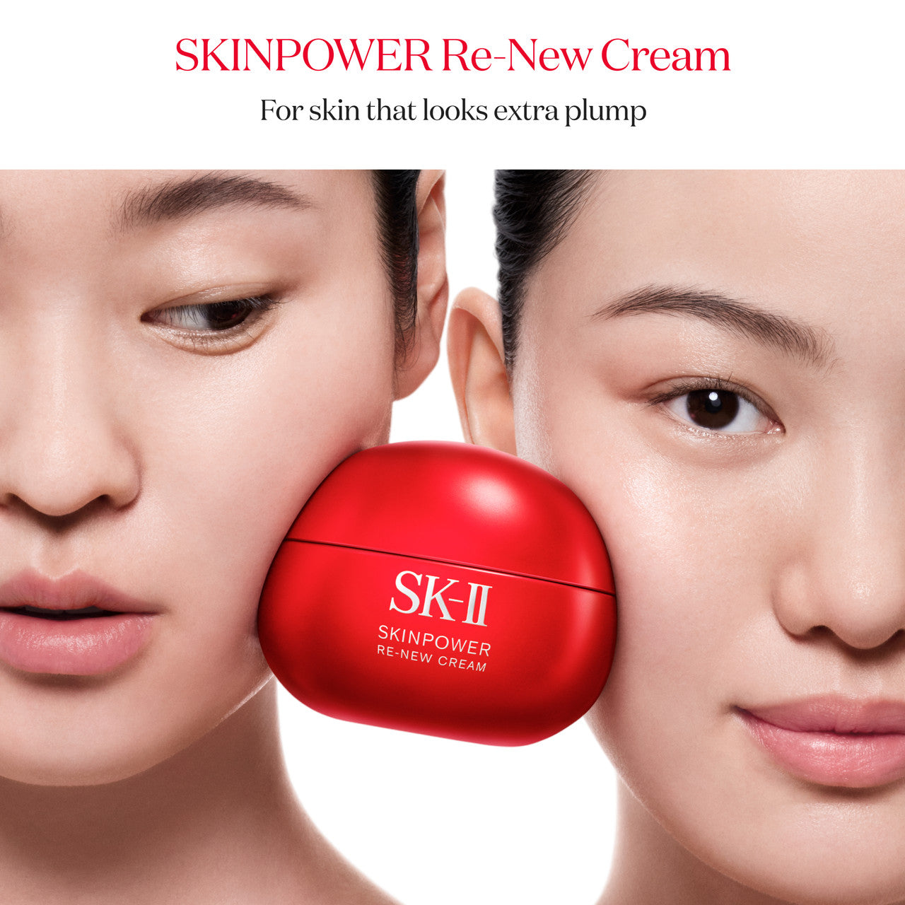 Close-up of two faces side by side with SK-II SKINPOWER Re-New Cream jar positioned between them on a light background