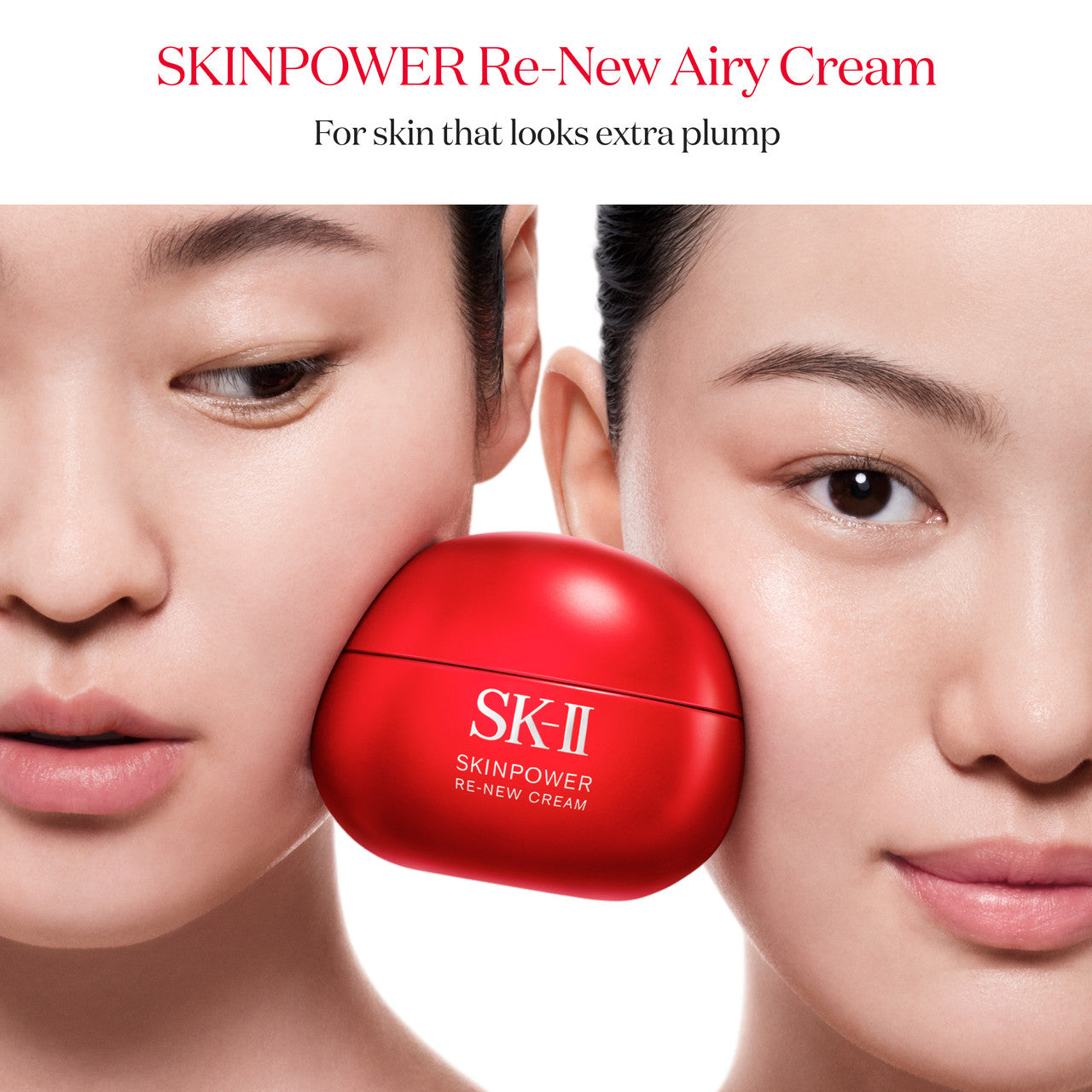 Close-up of two faces side by side with SK-II SKINPOWER Re-New Airy Cream jar positioned between them