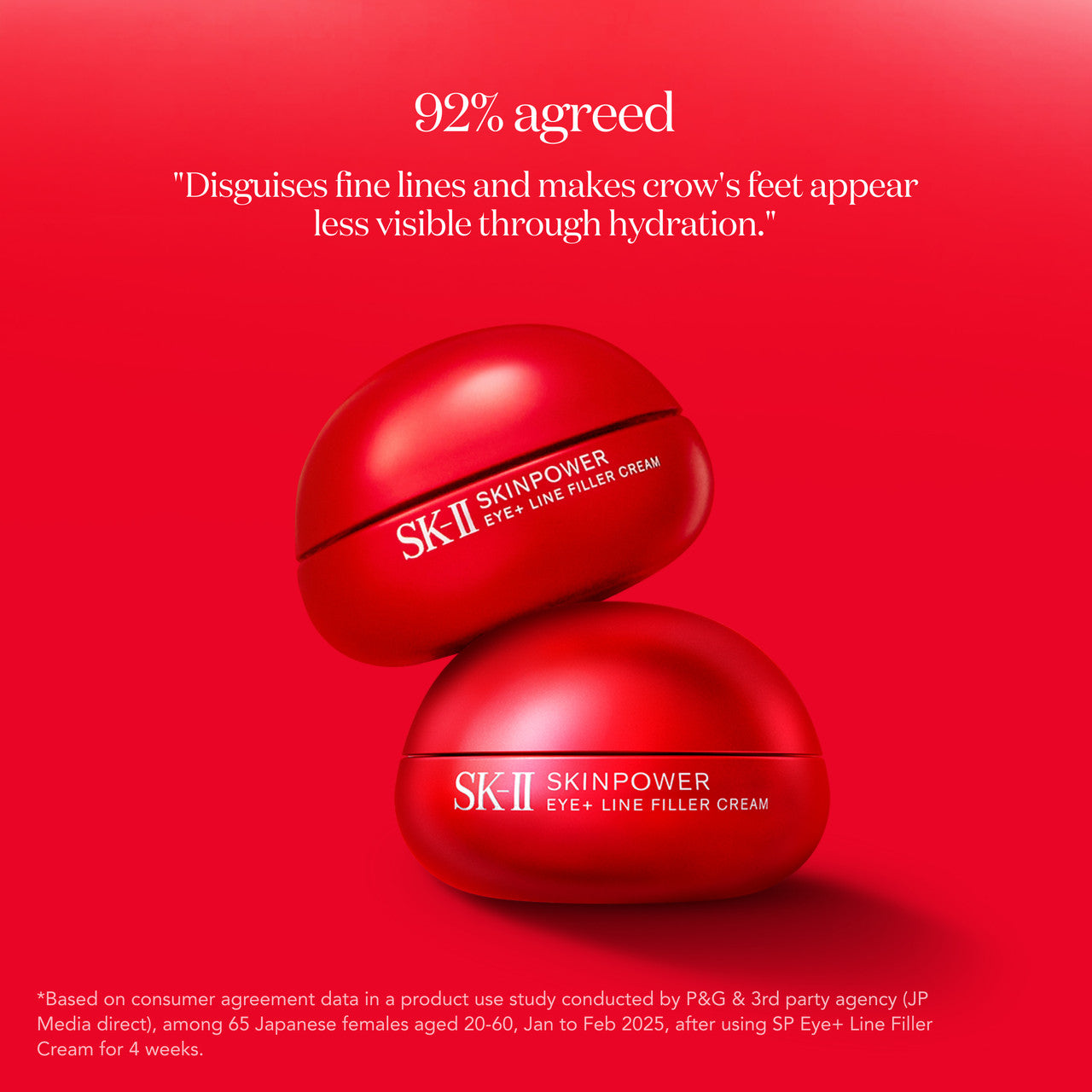 Two SK-II SKINPOWER Eye and Line Filler Cream jars stacked on a red background with additional text displayed above and below
 