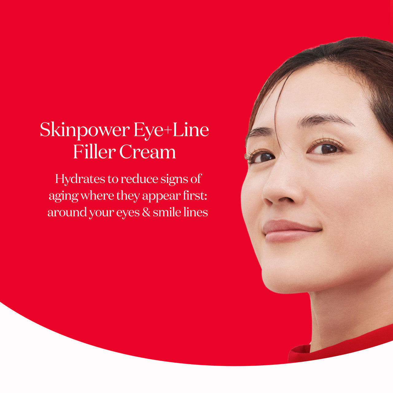 Close-up of face beside SK-II SKINPOWER Eye and Line Filler Cream on a red background