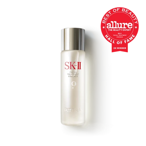 SK-II facial treatment essence bottle with Allure Best of Beauty Hall of Fame award on a white background