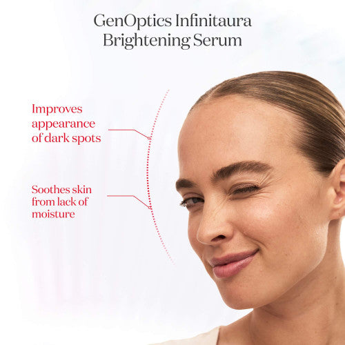 Close-up of face beside SK-II GenOptics Infinitaura Serum with curved dotted line highlighting cheek area on a light gradient background