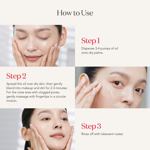 Instructions on how to use a skincare product with close-up images of a woman applying the product.