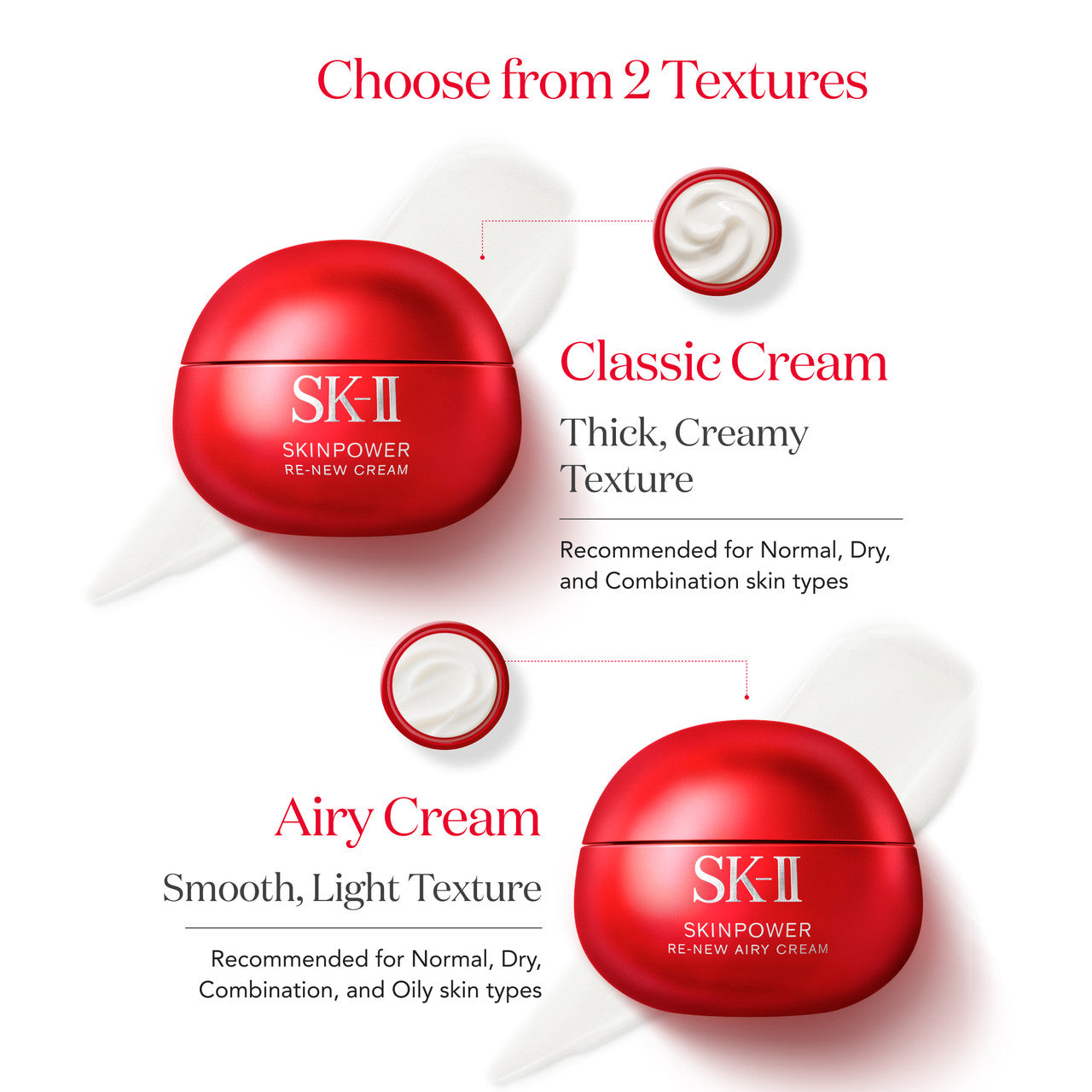 SK-II SKINPOWER Re-New Airy Cream jars displayed with two cream texture samples positioned around them on a light background
