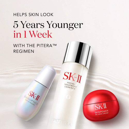SK-II skincare products with text claiming to help skin look 5 years younger in a week.