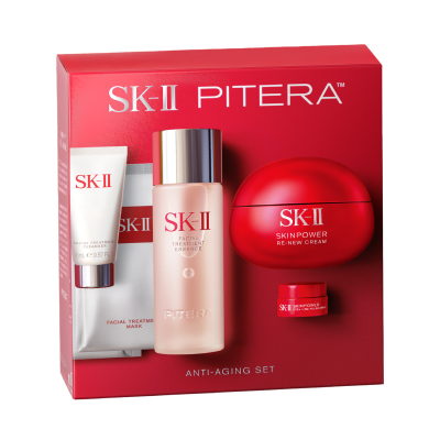SK-II Pitera Anti-Aging Set with essence bottle, cream jar, cleanser tube, and sheet mask displayed beside an open red box