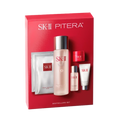 SK-II Pitera Bestsellers Set with Facial Treatment Essence bottle, sheet mask, cream jar, and tubes arranged in front of a red box on a transparent background
 