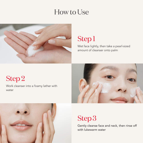 Step-by-step guide on how to use a facial cleanser with close-up images of hands and face.