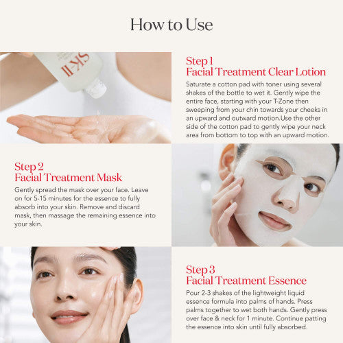 Instructions on how to use facial treatment products with images and text.