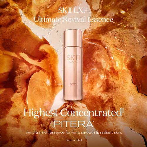 SK-II LXP Ultimate Revival Essence bottle in metallic gold packaging centered with amber liquid textures surrounding it