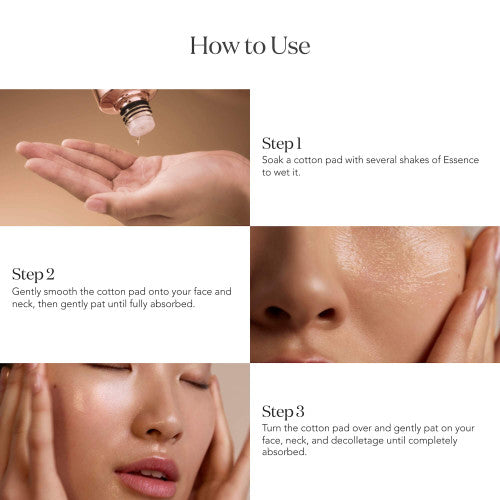 Application steps of SK-II LXP Ultimate Revival Essence showing liquid poured onto palm, applied with cotton pad, and patted into skin