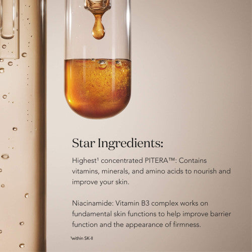 SK-II skincare product with a droplet of liquid and text about star ingredients.