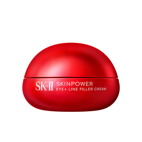 SK-II SKINPOWER Eye and Line Filler Cream jar in red packaging placed on a light background with a soft shadow
