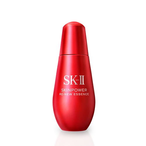SK-II SKINPOWER Re-New Essence bottle in red packaging placed on a light background with a soft shadow