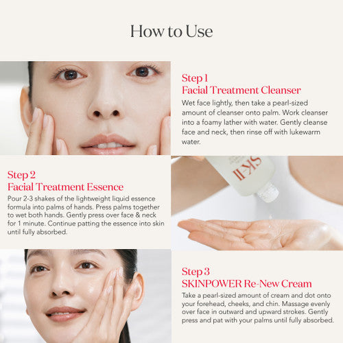 Three-step skincare routine showing cleanser applied to face, essence poured into hands, and cream dotted on cheeks with SK-II products
 