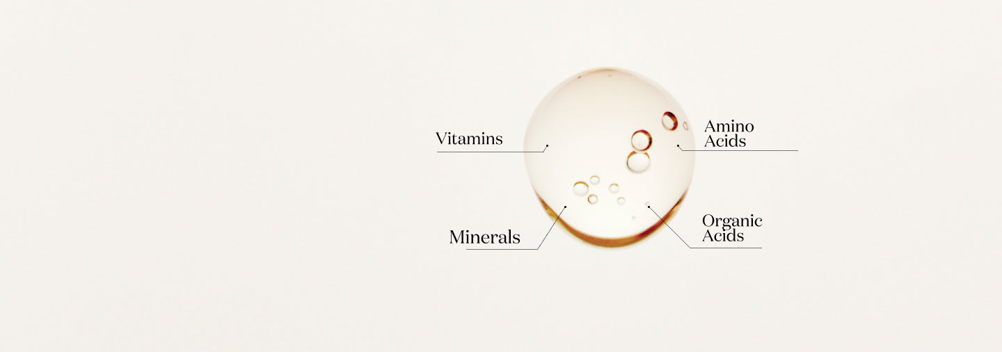 Close-up of translucent liquid droplet with smaller bubbles inside, labeled with vitamins, minerals, amino acids, and organic acids