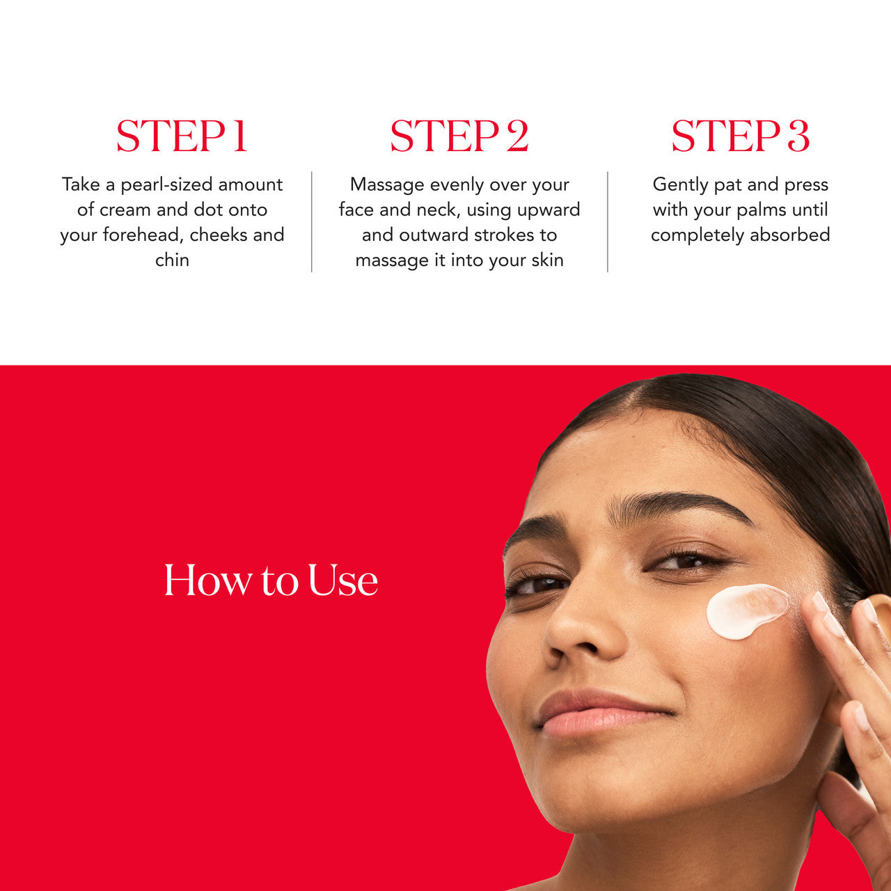 Three-step application of SK-II SKINPOWER Re-New Cream showing cream applied to face and gently spread across cheek on a red background